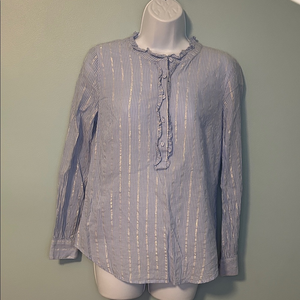 Talbots Light Blue Silver Metallic Striped Long Sleeve Blouse, XS